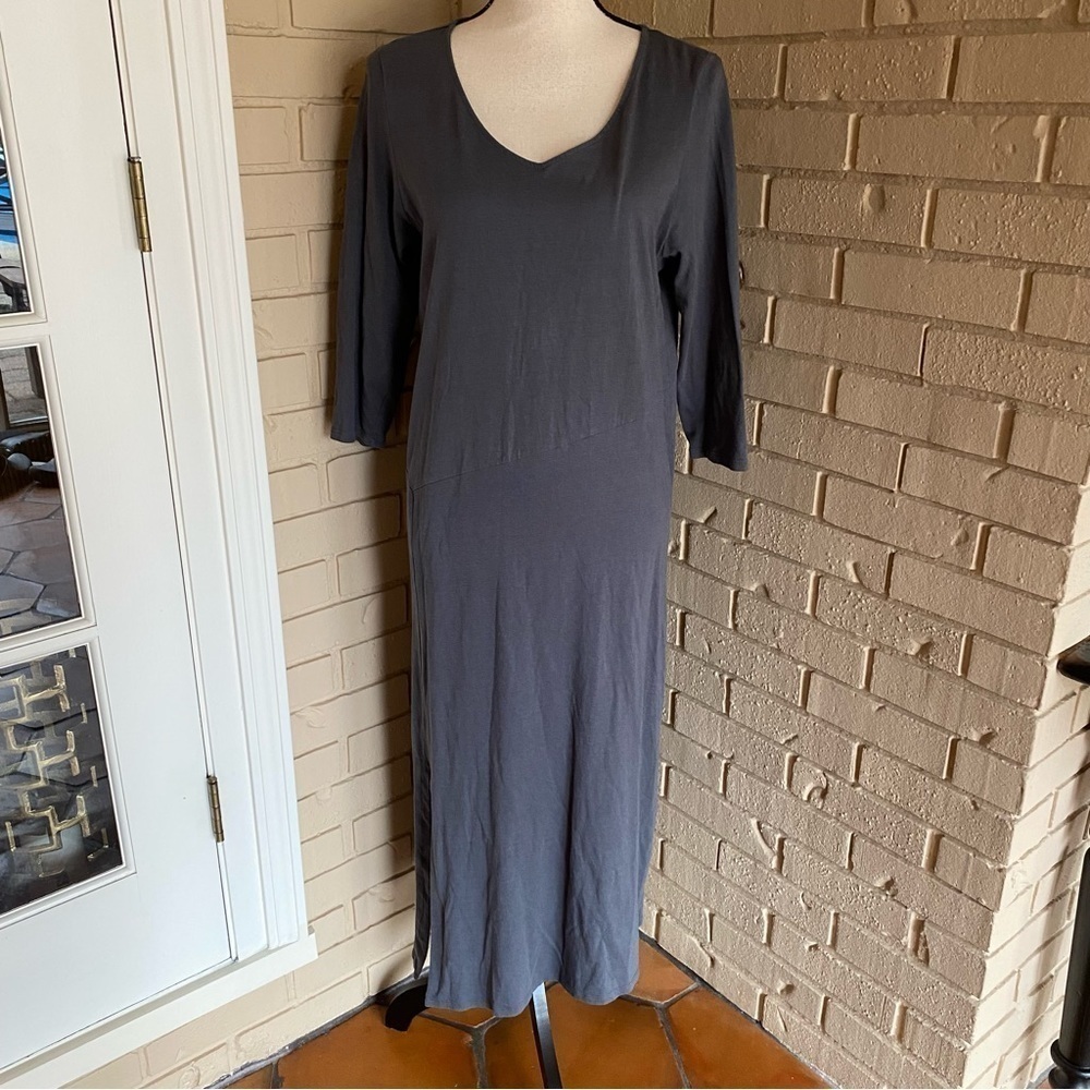 Pure Jill Medium Maxi T Shirt Dress Gray 3/4 Sleeves V Neck Stretch Side Slit